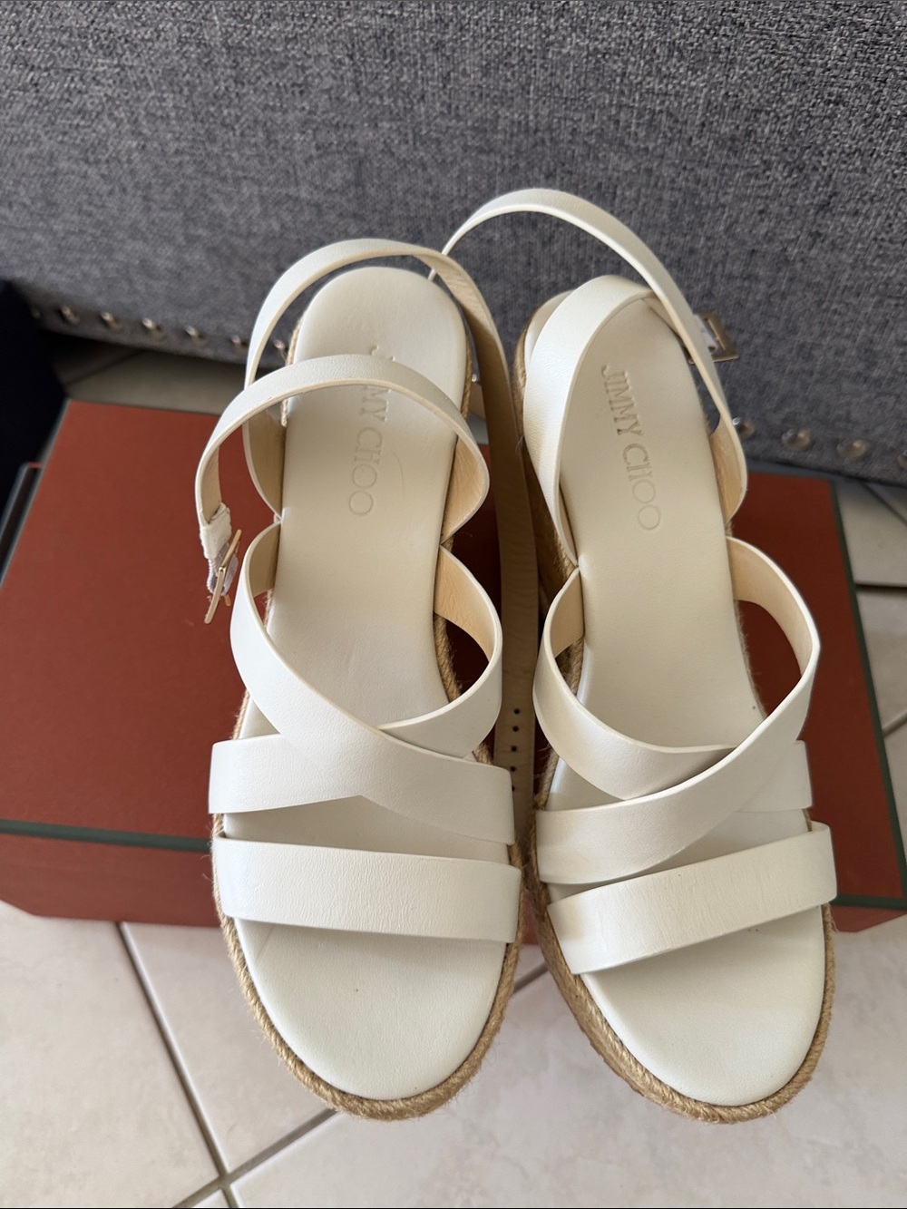 Jimmy Choo White Leather Espadrille Wedge Sandals
